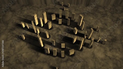 Ancient Stone Circle of Standing Monoliths, Slow Orbiting Aerial View With Parallax, Seamless Loop in vibrant obsidian tones