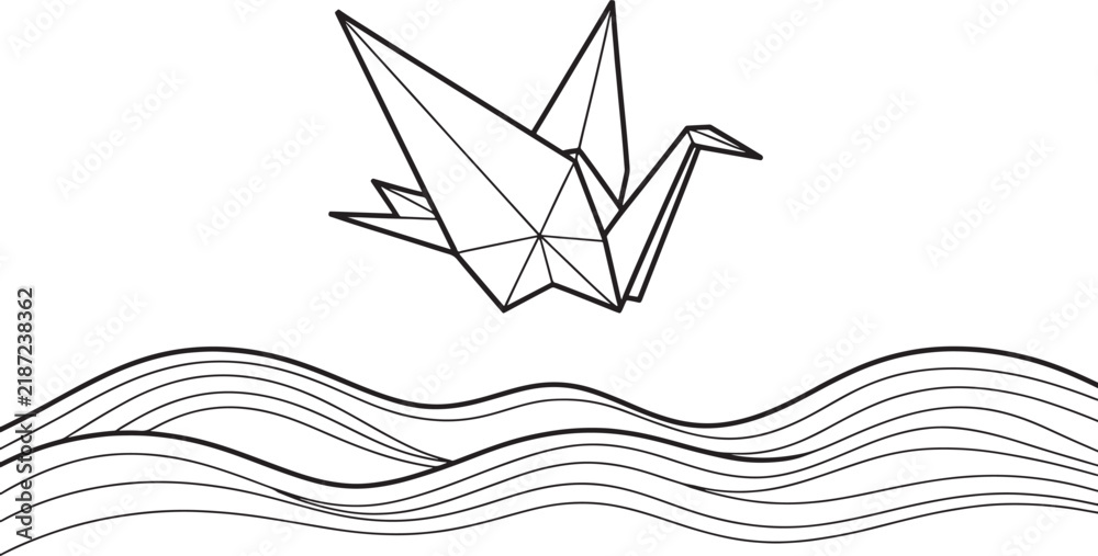 Fototapeta premium A minimalist black and white line art illustration featuring a delicate paper origami crane hovering gracefully above stylized ocean waves