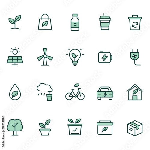 Sustainable living icon set with green energy, recycling and reusable products