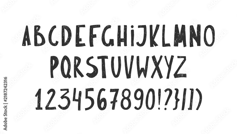 Obraz premium Handwritten calligraphy numbers and letters with brush strokes. Cute doodle font set featuring crayon texture, ideal for kids' educational materials and playful typography. Vector illustration.