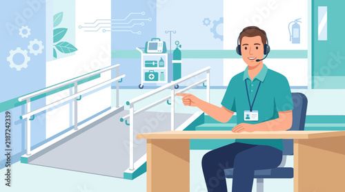 Healthcare support worker with headset, pointing at ramp in hospital corridor