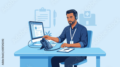 Healthcare support agent with headset and phone on transparent background