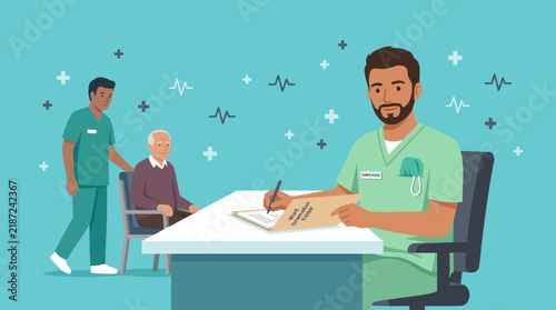 Healthcare team caring for elderly patient, doctor writing notes