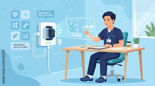 Healthcare Tech: Doctor Analyzing Wearable Health Data on Futuristic Display