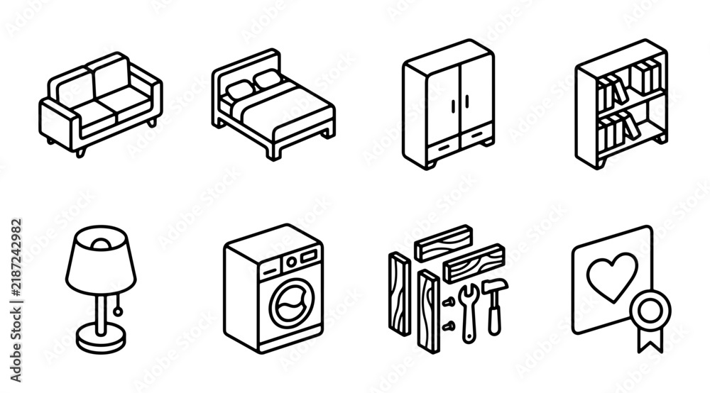 Fototapeta premium Isometric Furniture Icons Set, Home Decor Vector Graphics, Interior Design Elements, Vector Illustration