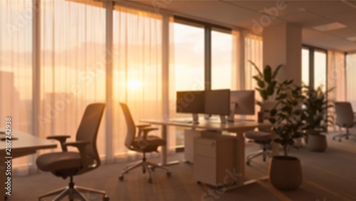 Contemporary business office setting with computers and city view abstract background with flowing shapes and lines