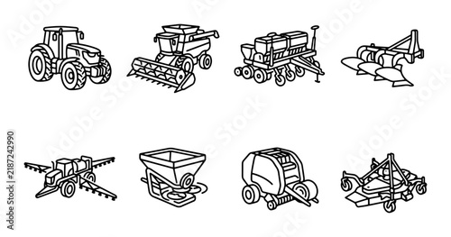 Canvastavla Set of 8 Agricultural Farm Machines, Rural Industry Equipment Icons, Vector Illu