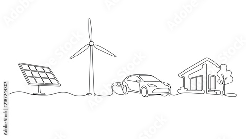Continuous one line drawing of green energy concepts solar panel, wind turbine, electric car, and eco house