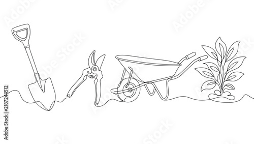 Continuous line drawing of gardening tools including a shovel, pruning shears, wheelbarrow, and a small plant, symbolizing horticulture and gardening activities