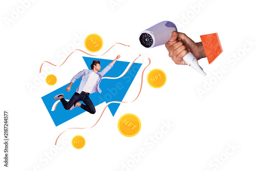 Fotografie Creative collage young ambitious man reach success money earnings golden tokens