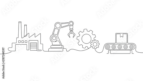 Continuous one line drawing of a factory, robotic arm, gears, and conveyor belt with a box representing automation and manufacturing concepts