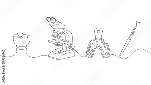 Continuous line art dental icons vector set with a tooth, microscope, dental impression tray, and pick
