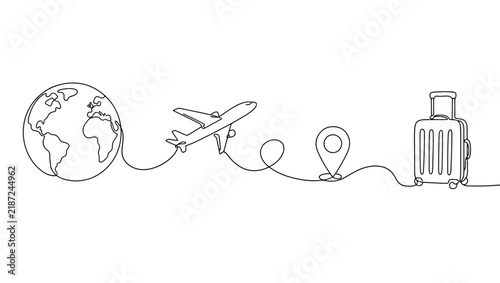 Continuous line drawing of travel concept with globe airplane location pin and suitcase