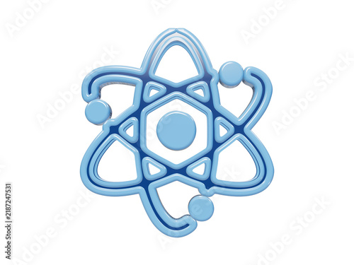 Foto 3D rendered light blue atom symbol with orbiting electrons and central nucleus c