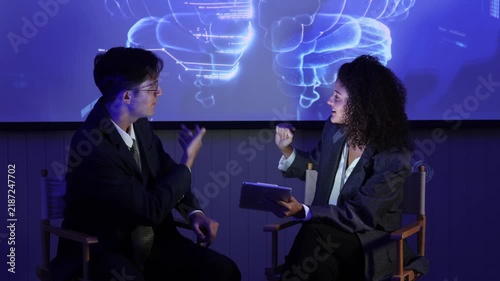 Business team discussing and using technology artificial intelligence with digital Ai assistant. Futuristic innovation AI technology collaboration and ideas for future. Business Tech Startup meeting.