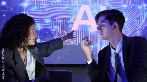 Business team discussing and using technology artificial intelligence with digital Ai assistant. Futuristic innovation AI technology collaboration and ideas for future. Business Tech Startup meeting.