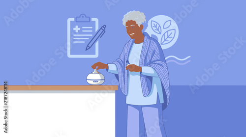 Elderly Woman Using Essential Oil Diffuser for Aromatherapy and Wellness