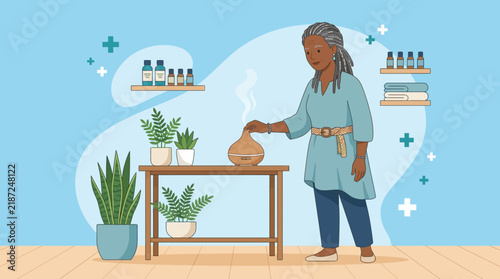 Elderly Woman Using Essential Oil Diffuser for Aromatherapy, Isolated