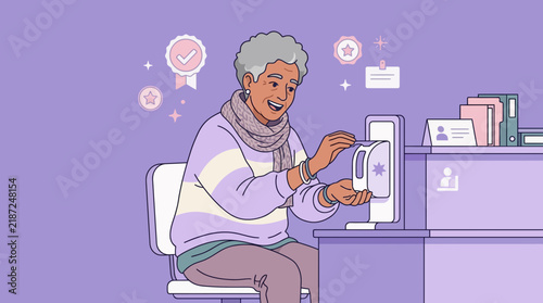Elderly woman using hand sanitizer dispenser at desk, hygiene concept