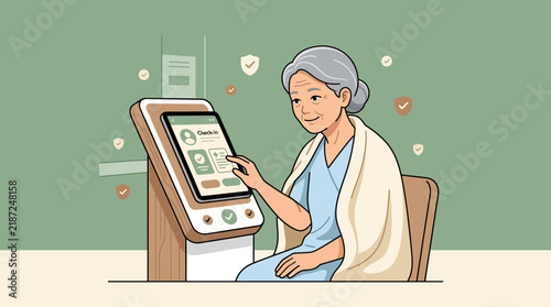 Elderly woman using healthcare kiosk, technology, medical app, comfort