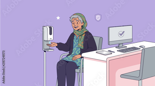 Elderly woman using hand sanitizer, healthcare clinic, hygiene concept
