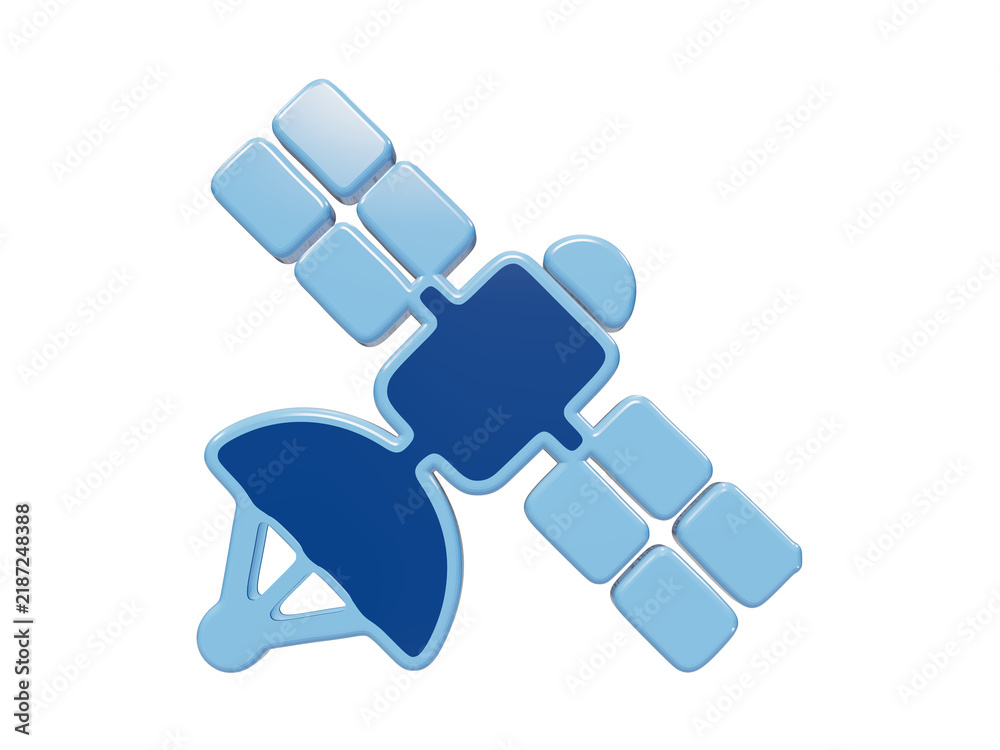 Fototapeta premium 3D rendered satellite icon with solar panels and communication dish in shades of blue isolated on a transparent background