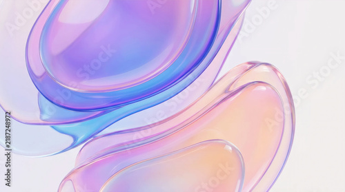Abstract 3D background with floating glass drops and pastel holographic gradient shapes on white, modern design. AI generated