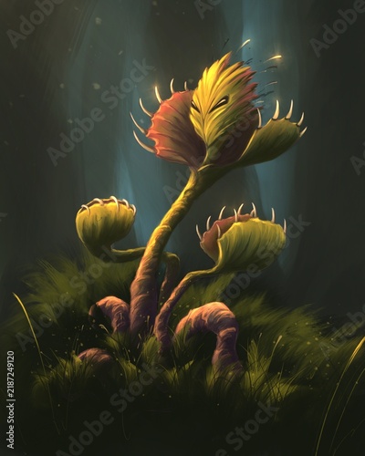 Digital illustration of a fantasy venus flytrap in clouds created by human
