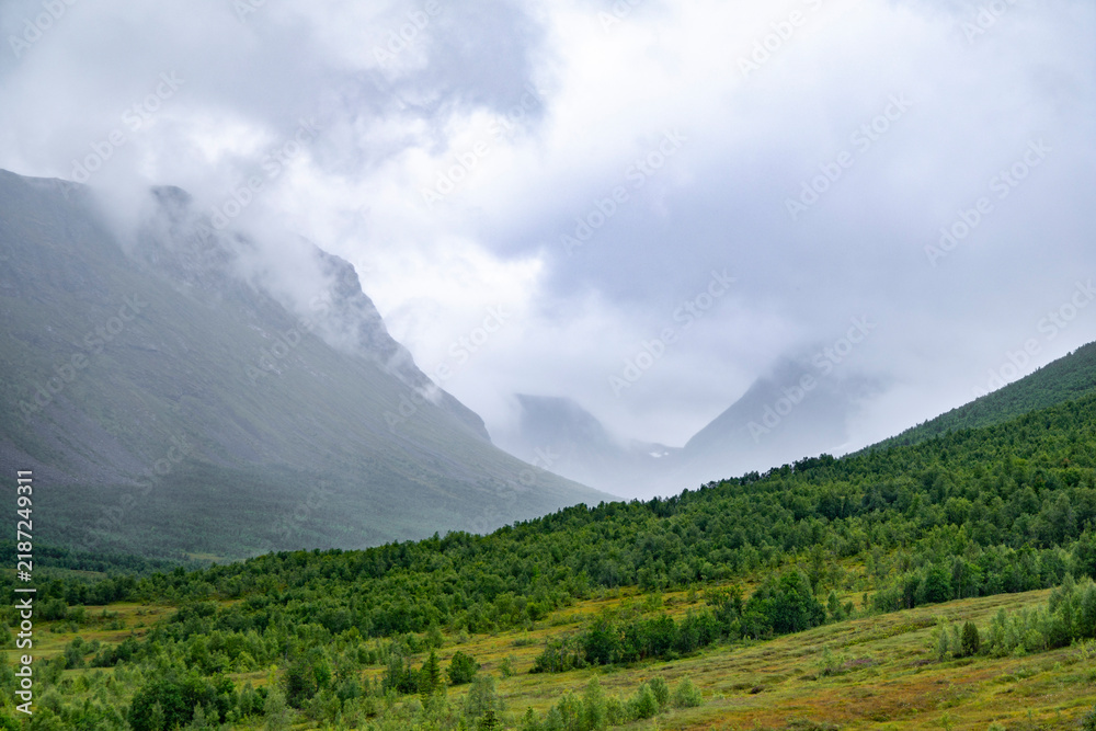 Fototapeta premium Beautiful low clouds covering a mountain valley. A seasonal scenery of World Heritage area in Western Norway.