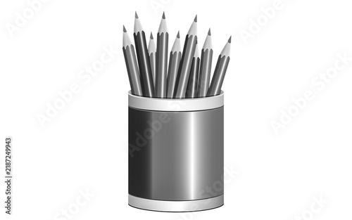 Silver Metallic Desk Cup Filled with Gray and Black Pens, Minimal Professional Office Stationery Organizer Isolated on White