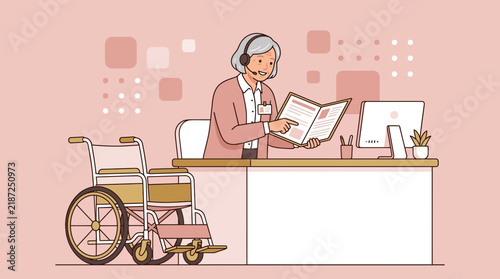 Elderly Woman in Wheelchair Working in Office, Customer Service