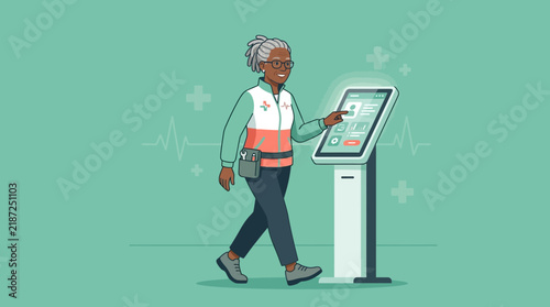 Elderly Woman Interacting with Digital Kiosk, Healthcare Tech
