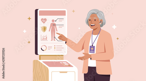 Elderly Woman Interacting with Health Information Kiosk
