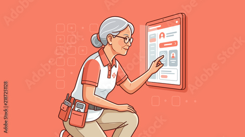 Elderly Woman Interacting with Digital Tablet Interface, Isolated