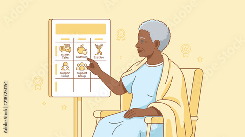 Elderly Woman Interacting with Health Information Screen