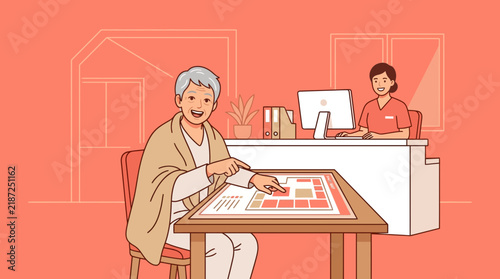 Elderly Woman Interacting With Interactive Table at Senior Care Facility