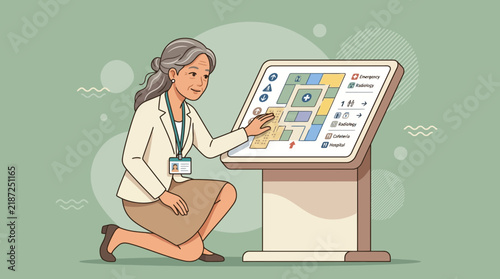 Elderly Woman Interacting with Hospital Wayfinding Kiosk