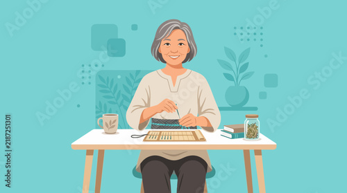 Elderly Woman Knitting, Crafting, Hobby, Retirement, Isolated