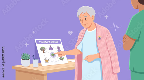 Elderly Woman Learning About Holistic Wellness, Healthcare Concept Illustration