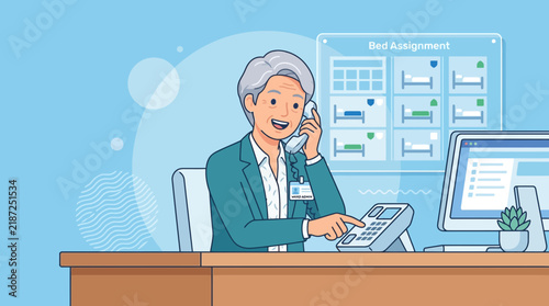 Elderly Woman Office Worker Talking on Phone at Desk, Hospital Reception