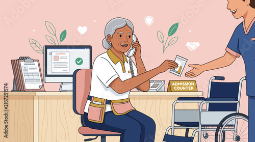 Elderly woman on phone at reception with caregiver handing medical info