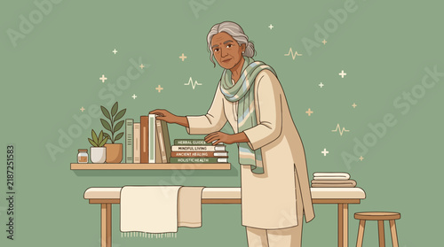 Elderly woman organizing bookshelf, relaxed lifestyle, serene indoor scene