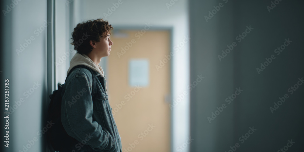 Fototapeta premium Teenage boy standing alone indoors