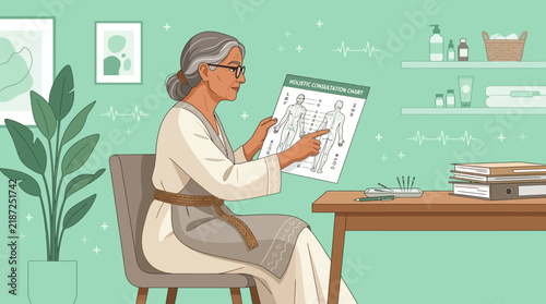 Elderly Woman Consulting Acupuncture Chart in Clinic, Isolated