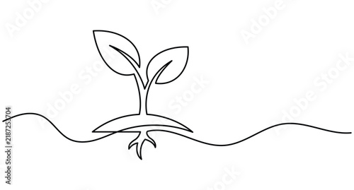 Seedling minimal line art shows a botanical sprout emerging from curved ground with outlined leaves and roots in an editable stroke vector design.