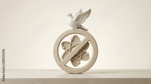 A white dove sitting on a circular sign with an atom symbol representing nuclear disarmament and global peace Vector