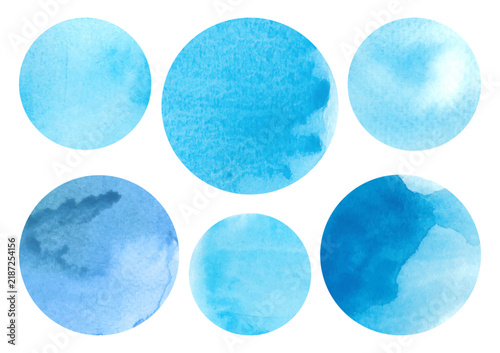 Set of blue watercolor circles on white background