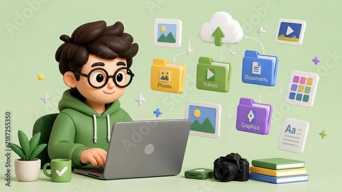 Digital Creation Hub: A young creator with glasses and a green hoodie enthusiastically works on a laptop, surrounded by colorful folders, cloud storage, and various digital media icons.