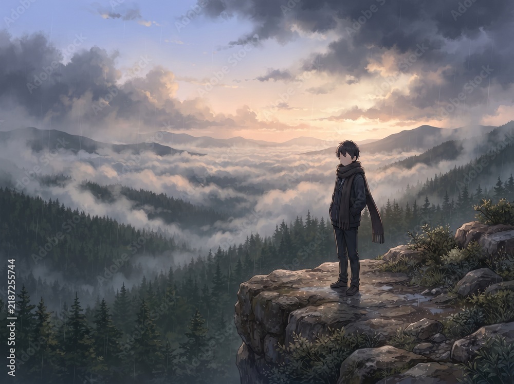 Obraz premium Anime style illustration. Young male adventurer in winter scarf stands on rocky cliff overlooking vast pine forest covered in dense fog. Moody landscape features gentle rain and warm