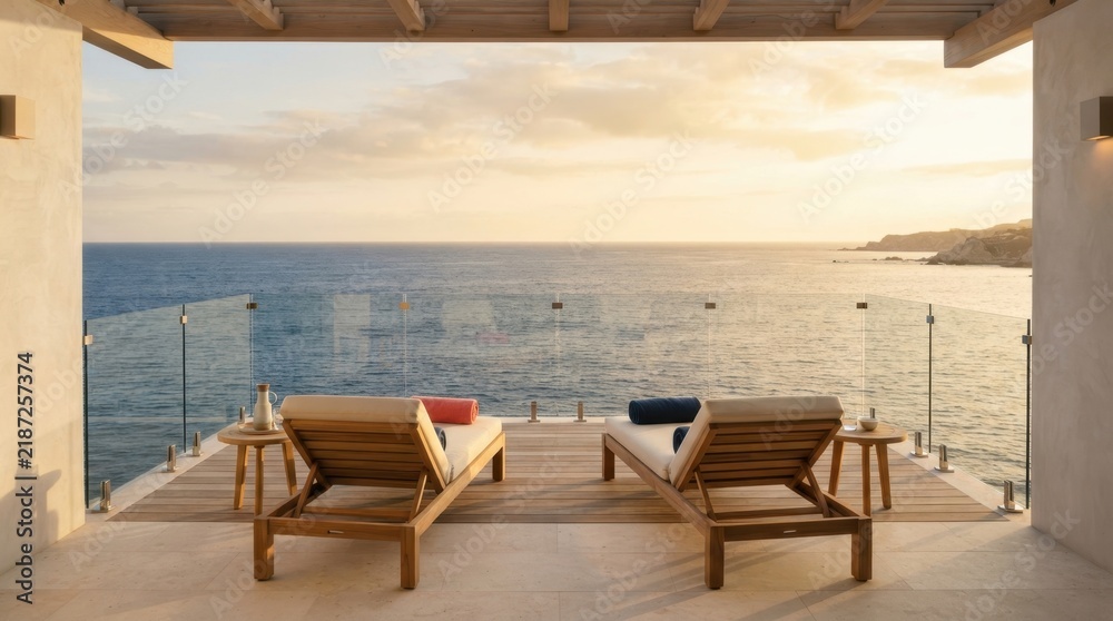 Obraz premium Luxury oceanfront balcony with lounge chairs and serene sea views at sunset